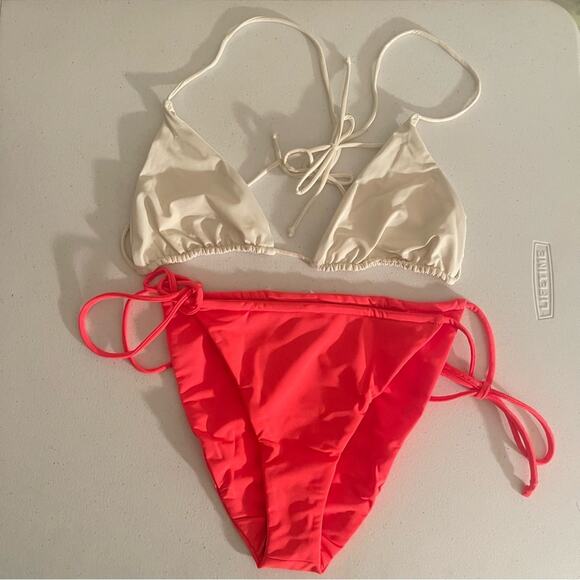 NWT Good American Tiny Ties Bikini swim bathing  Suit Neon bottoms Ivory top L - Picture 1 of 6